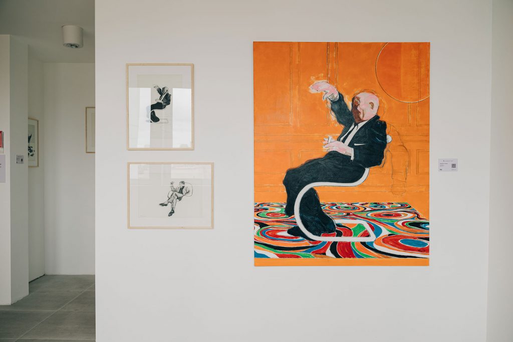 Retrato “PRESTIDIGITADOR”
en gran formato  140 X 110 CM.
Mies Van Der Rohe retratado
en la silla MR creada por él, 
junto a pequeños dibujos
en carbonilla